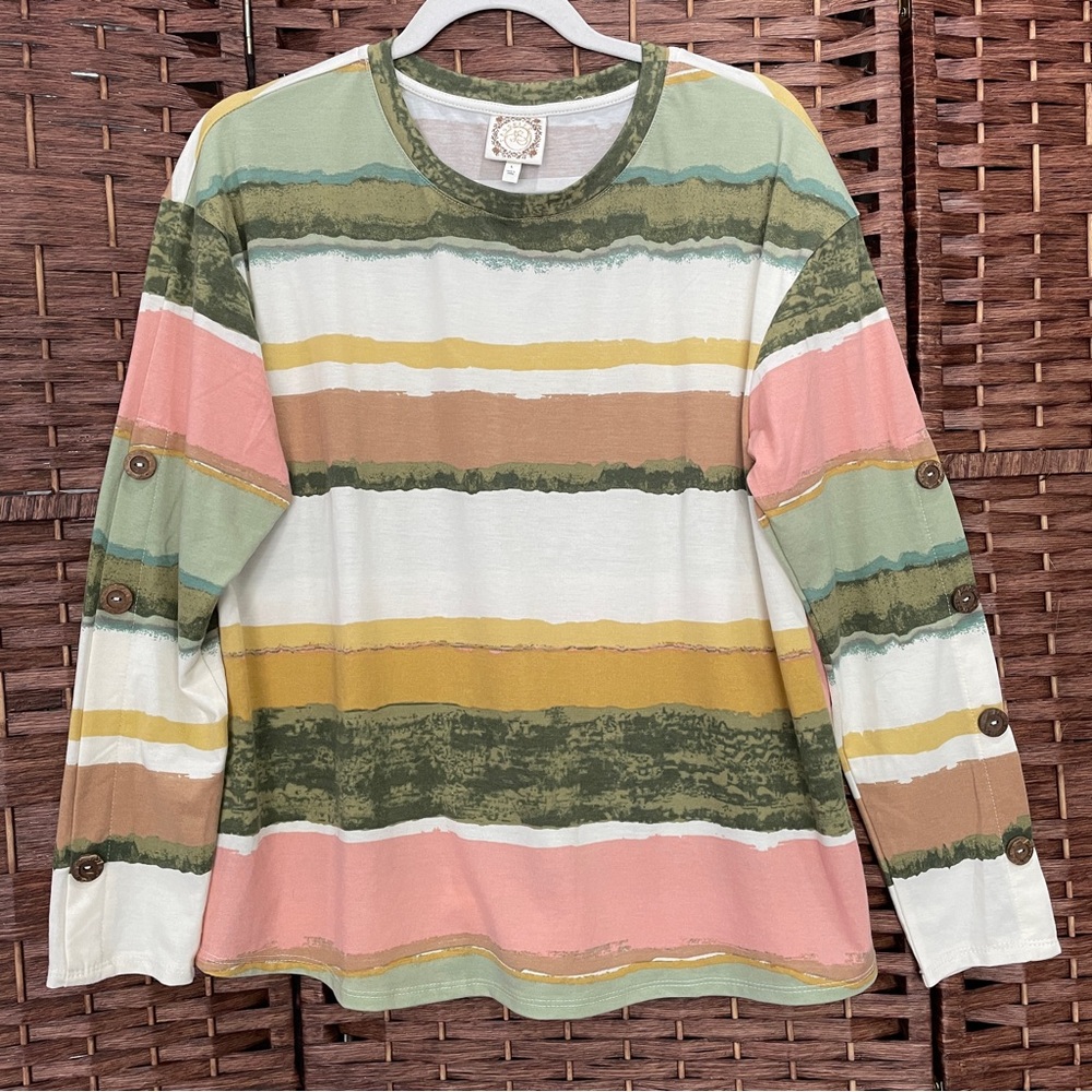 Truself Striped Long-Sleeve Crewneck Top, Boho Cottagecore Grandmacore, Size L.